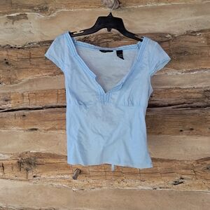 New York & Company Light Blue Cap Sleeve V-Neck Top Y2K